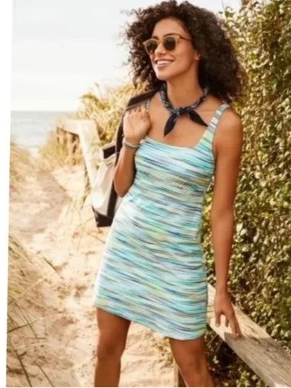 Lands' End Striped One-Piece Swim Dress in Aqua and Blue